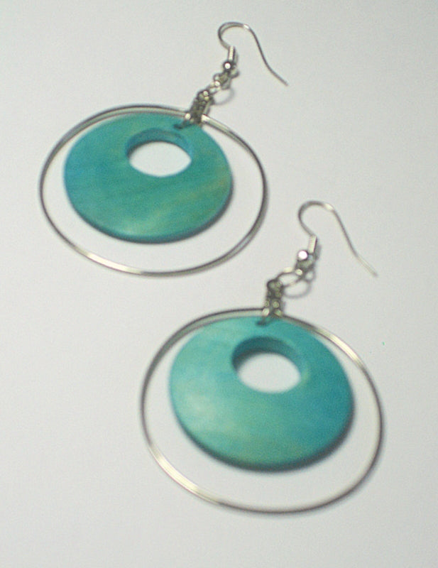 Turquoise round wood and metal earrings