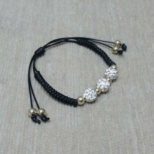 Macrame Black Braided White Rhinestone Crystal Gold Bead Bracelet