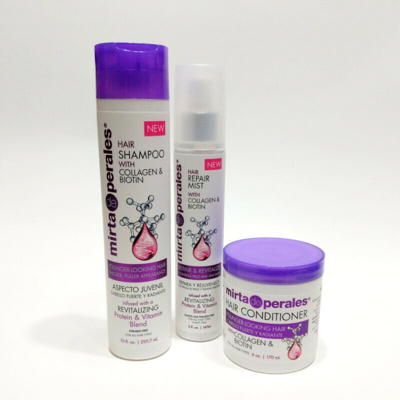 Mirta de Perales Collagen Biotin Shampoo Conditioner Mist Anti-frizz Split Ends 3Pcs