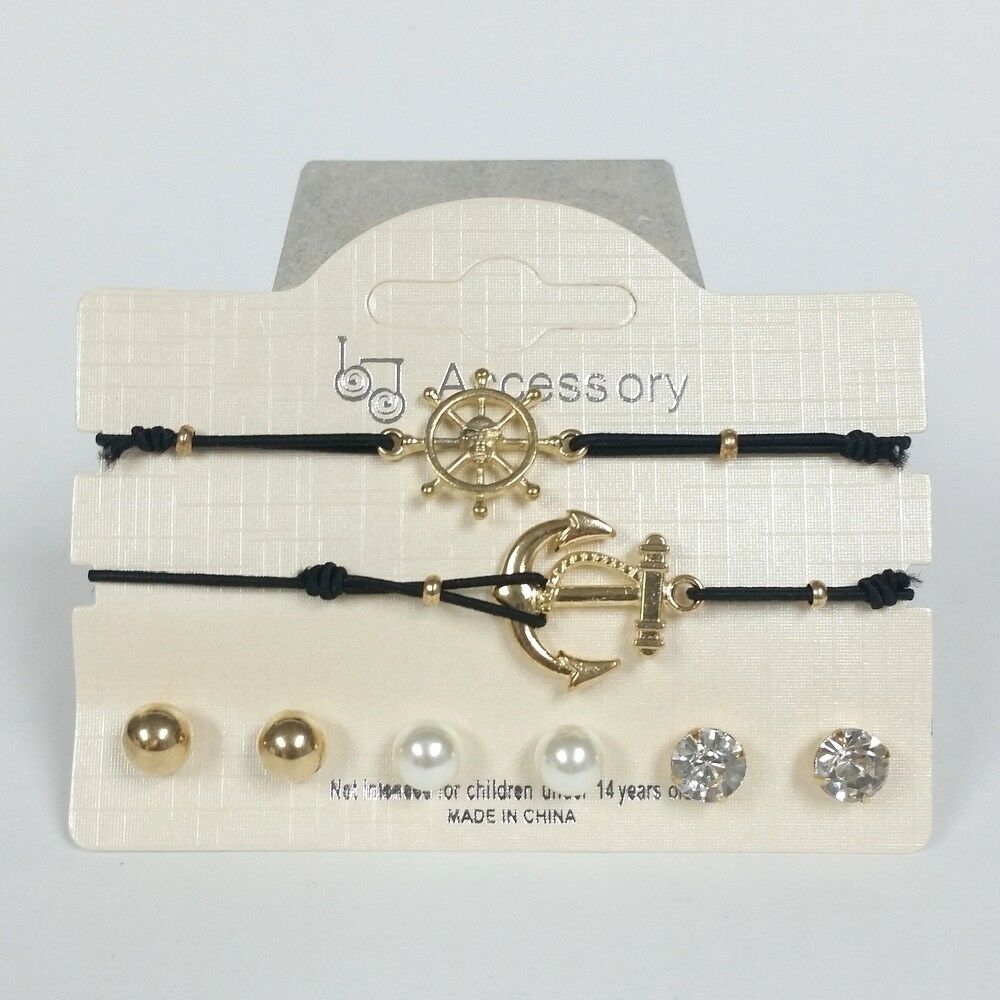Zirconia Pearls Gold Tone Fashion Jewelry Anchor Wheel Bracelet & Earrings Set