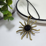 Necklace Bronze Starburst Sun Star Pendant on 16" Black Leather Faux