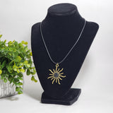 Necklace Bronze Starburst Sun Star Pendant on 16" Black Leather Faux