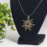 Necklace Bronze Starburst Sun Star Pendant on 16" Black Leather Faux