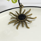 Necklace Bronze Starburst Sun Star Pendant on 16" Black Leather Faux