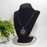 Necklace Bronze Starburst Sun Star Pendant on 16" Black Leather Faux