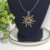 Necklace Bronze Starburst Sun Star Pendant on 16" Black Leather Faux