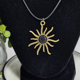 Necklace Bronze Starburst Sun Star Pendant on 16" Black Leather Faux