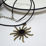 Necklace Bronze Starburst Sun Star Pendant on 16" Black Leather Faux