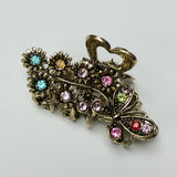 Butterfly & Flowers Hair Claw Clip Gold Metal w/ Multicolor Crystal Rhinestones