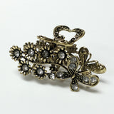 Butterfly & Flowers Hair Claw Clip Gold Metal w/ White Crystal Rhinestones