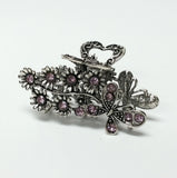 Butterfly Flower Hair Claw Clip Silver Metal Light Purple/Pink Crystal Rhinestone