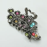 Butterfly Flowers Hair Claw Clip Silver Metal w/ Multicolor Crystal Rhinestones