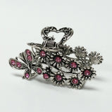 Butterfly & Flowers Hair Claw Clip Silver Metal Pink Crystal Rhinestones