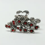 Butterfly & Flowers Hair Claw Clip Silver Metal Red Crystal Rhinestones