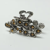 Butterfly & Flowers Hair Claw Clip Silver Metal Yellow Crystal Rhinestones