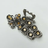 Butterfly & Flowers Hair Claw Clip Silver Metal Yellow Crystal Rhinestones