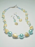 Necklace earrings in stone, pearl and crystal green beige and purple