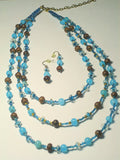 Turquoise blue beads and wood 3 strings necklace w/ earrings