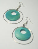 Turquoise round wood and metal earrings