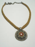 Ethnic breaded leather medallion necklace