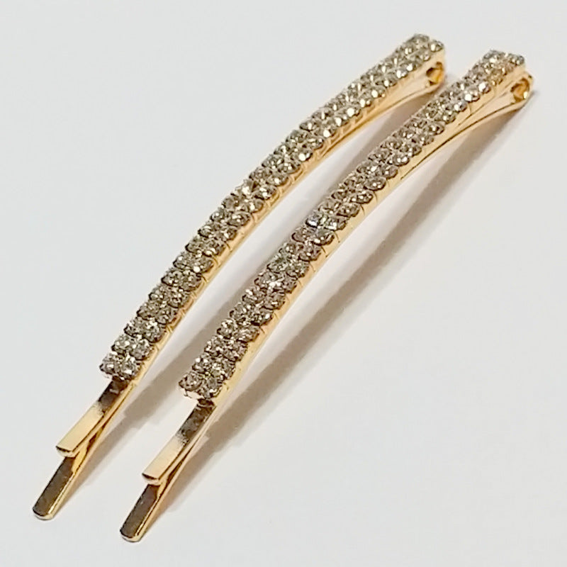 Hair Clips Bobby Pins Rhinestones Crystal Sparkly Gold Color Bridal 2 PCS Large
