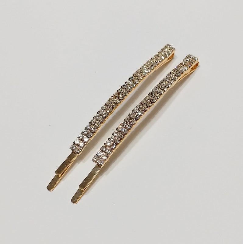 Hair Clips Bobby Pins Rhinestones Crystal Sparkly Gold Color Bridal 2 PCS Large