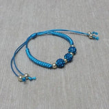 Macrame Aqua Braided Rhinestone Crystal with Gold Beads Draw String Bracelet