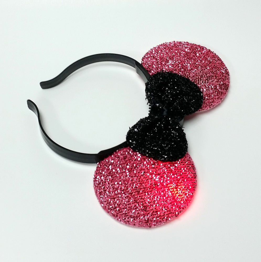 Multicolor Light Up Flashing Mouse Ears Headband Pink Ears & Black Bow