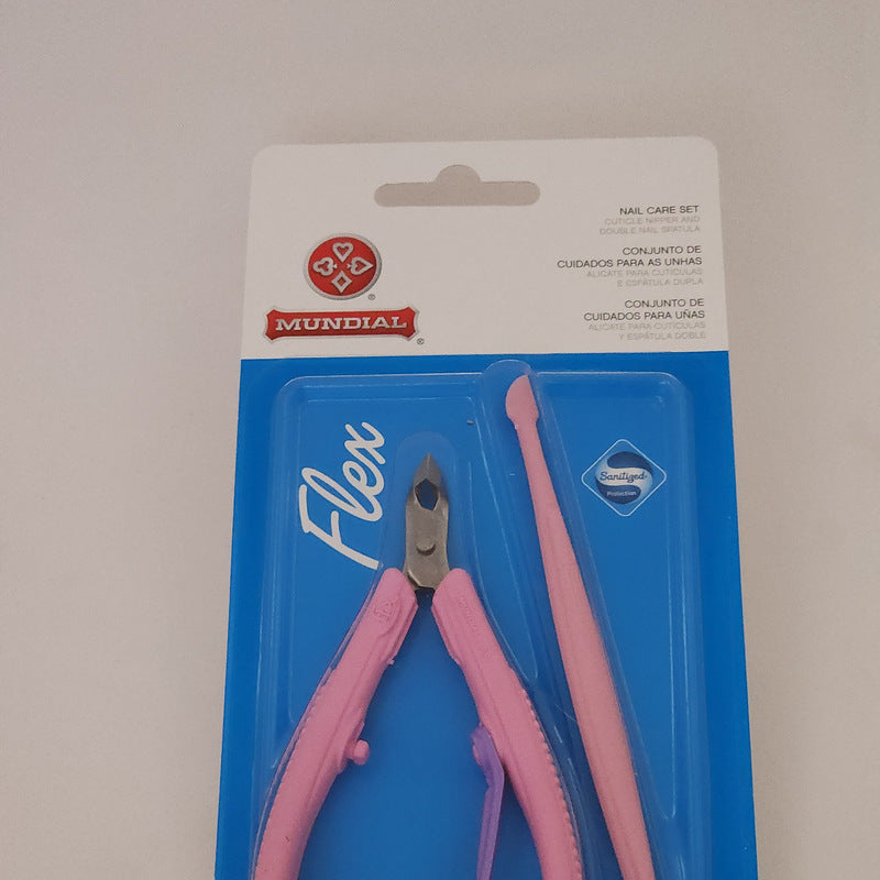 Mundial 168-FL Flex Cuticle Nipper & Double nail Spatula Pink Color