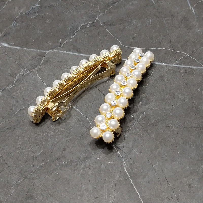 Pearl Hair Clip Barrette Bridal Hair Accessory Rhinestones Gold Color - Set of 2