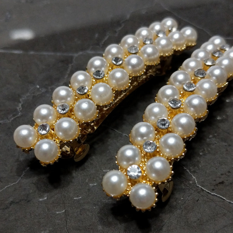 Pearl Hair Clip Barrette Bridal Hair Accessory Rhinestones Gold Color - Set of 2