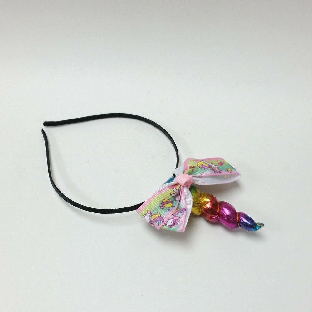Rainbow Unicorn Horn Headband w/ Multi Colored Heart Star Hair Bow Girl