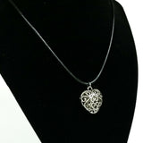 Romantic Silver Filigree Heart Pendant on 16" Black Leather Like Necklace Love