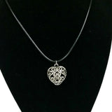 Romantic Silver Filigree Heart Pendant on 16" Black Leather Like Necklace Love