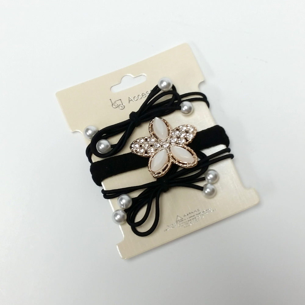 Rose Gold Color Pearl Rhinestone Flower Hair Ties Elastic Ponytail Holder 3 PCS