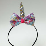 Silver Unicorn Horn Headband w/ Rainbow Stars Clouds Unicorn Hair Bow for Girls