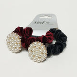 Women Velvet Hair Scrunchie Ties Pearl Accessory Hair Tie Black & Burgundy 2Pcs