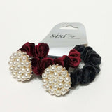 Women Velvet Hair Scrunchie Ties Pearl Accessory Hair Tie Black & Burgundy 2Pcs