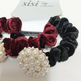 Women Velvet Hair Scrunchie Ties Pearl Accessory Hair Tie Black & Burgundy 2Pcs