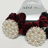 Women Velvet Hair Scrunchie Ties Pearl Accessory Hair Tie Black & Burgundy 2Pcs