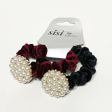 Women Velvet Hair Scrunchie Ties Pearl Accessory Hair Tie Black & Burgundy 2Pcs