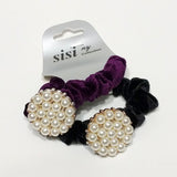 Women Velvet Hair Scrunchie Ties Pearl Accessory Hair Tie Black and Purple 2Pcs