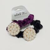 Women Velvet Hair Scrunchie Ties Pearl Accessory Hair Tie Black and Purple 2Pcs