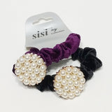 Women Velvet Hair Scrunchie Ties Pearl Accessory Hair Tie Black and Purple 2Pcs