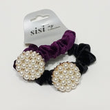 Women Velvet Hair Scrunchie Ties Pearl Accessory Hair Tie Black and Purple 2Pcs