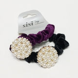 Women Velvet Hair Scrunchie Ties Pearl Accessory Hair Tie Black and Purple 2Pcs