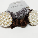 Women Velvet Hair Scrunchie Ties Pearl Accessory Hair Tie Brown and Gray 2Pcs