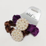 Women Velvet Hair Scrunchie Ties Pearl Accessory Hair Tie Brown and Purple 2Pcs