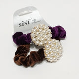 Women Velvet Hair Scrunchie Ties Pearl Accessory Hair Tie Brown and Purple 2Pcs