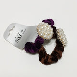 Women Velvet Hair Scrunchie Ties Pearl Accessory Hair Tie Brown and Purple 2Pcs